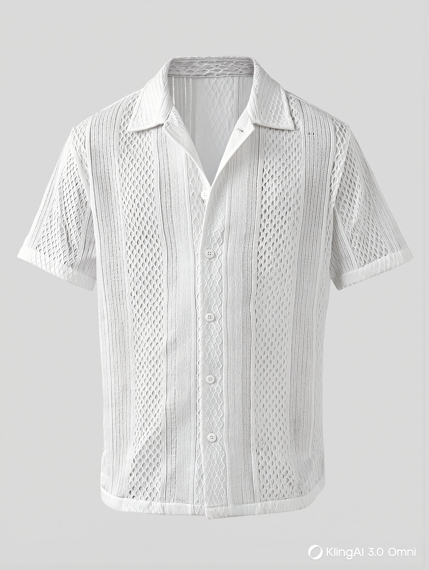 White textured knit shirt with a lapel collar
