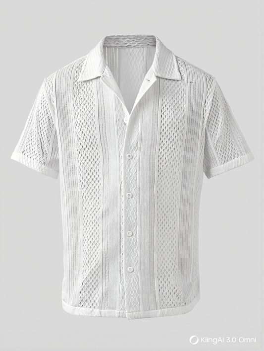 White textured knit shirt with a lapel collar