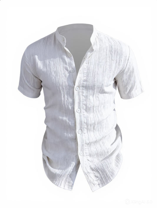 Wrinkled Texture Shirt with Mandarin Collar — Short Sleeve