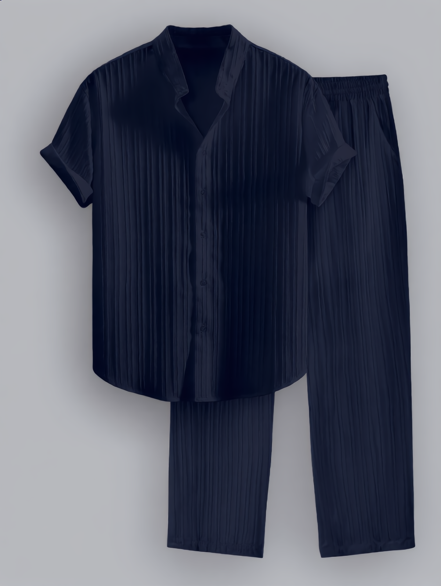 Pleated Textured Shirt & Pants Set — Navy
