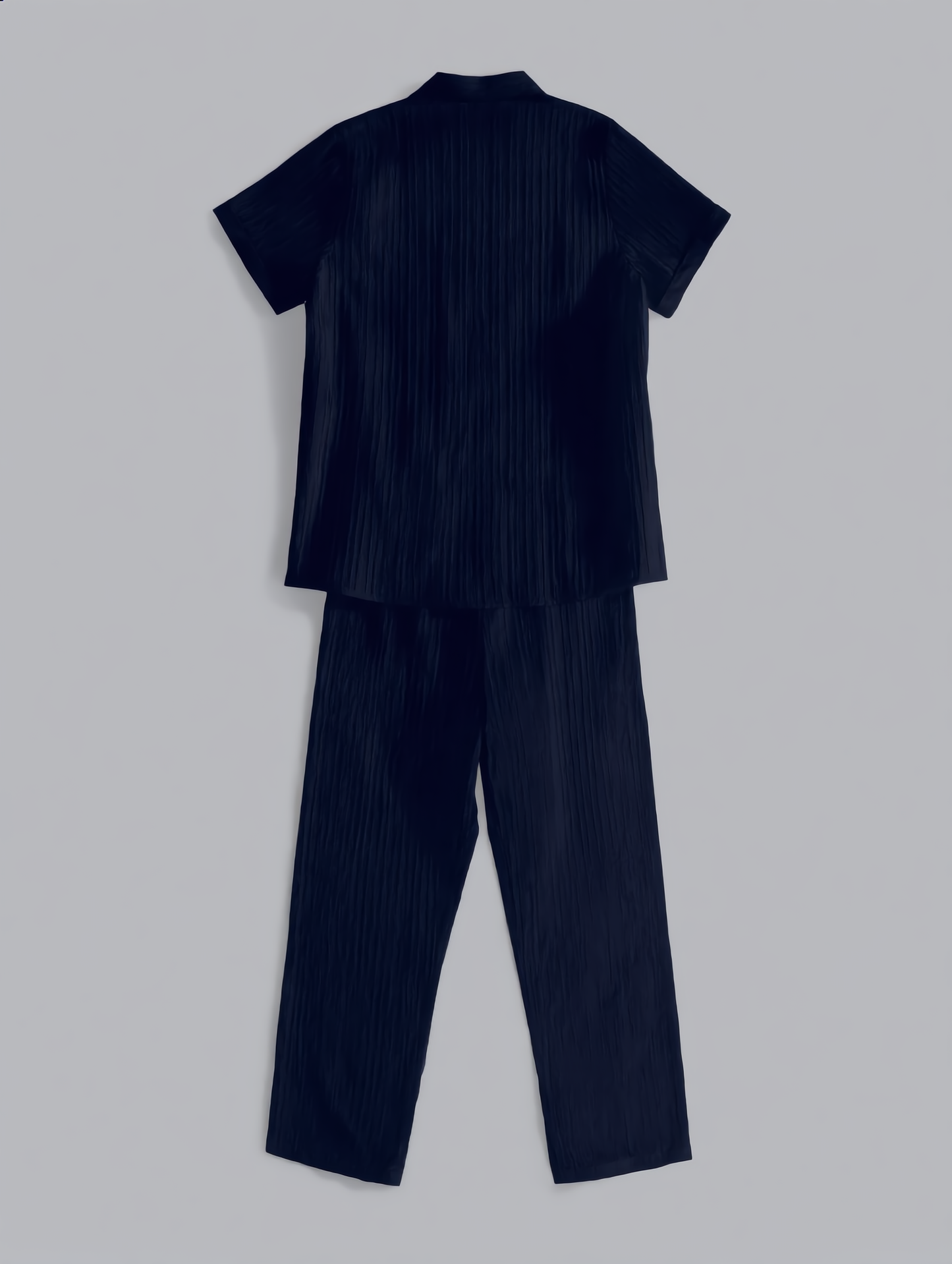 Pleated Textured Shirt & Pants Set — Navy